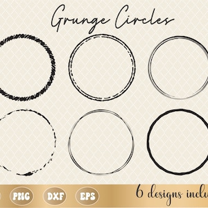 サークル ブラシ グランジ バンドル SVG PNG、グランジ テクスチャ サークル フレーム SVG PNG、ディストレスト サークル、昇華、クリカット、シルエット、商用利用