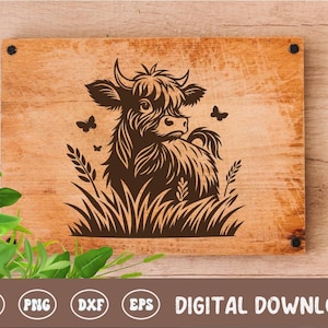 Highland Cow Board SVG, arquivo digital para tábua de corte Cottagecore, design de tábua de corte, arquivo para gravação a laser em madeira para decoração de cozinha