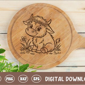 Tábua de vaca Baby Highland SVG, arquivo digital de tábua de corte Cottagecore, design de tábua de corte, arquivo de gravação a laser em madeira para decoração de cozinha