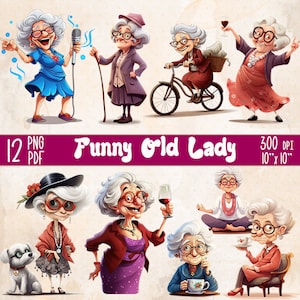 12 PNG Clipart di vecchie signore allegre e divertenti, nonna dei cartoni animati ad acquerello, donna anziana gioiosa, Clip Art delle nonne, regalo della nonna, vecchie signore PNG