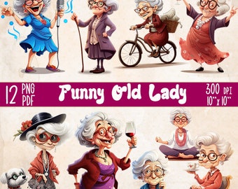 12 PNG Funny Cheerful Old Lady Clipart, Watercolor cartoon grandma, Joyful old age woman, Grannies Clip Art, Grandma gift, Old Ladies PNG