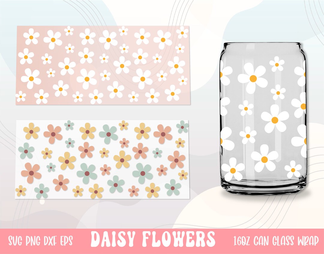 SVG PNG Retro Daisies Flowers, Libbey Glass Can Wrap 16oz, Layered Svg ...