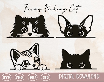 Gato curioso SVG PNG, silueta de gatito de dibujos animados, gato curioso, archivos de corte en capas, sublimación, cricut, silueta, uso comercial