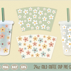 SVG PNG Fiori di margherite retrò, involucro per tazza da caffè freddo da 24 once, svg a strati, png di sublimazione, file di taglio di fiori vintage, involucro di design di margherite retrò