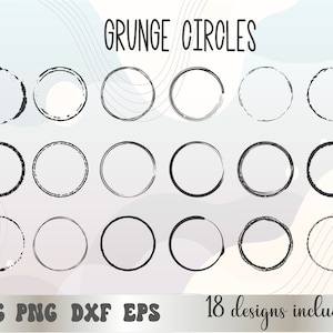 サークル ブラシ グランジ バンドル SVG PNG、グランジ テクスチャ サークル フレーム SVG PNG、ディストレスト サークル、昇華、クリカット、シルエット、商用利用