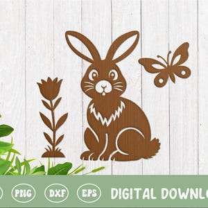 Lapin de Pâques SVG PNG DXF, silhouette de lapin de printemps, lapin et papillon, sublimation, cricut, silhouette, fichiers découpés au laser, svg glowforge