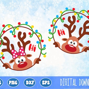 Christmas cartoon deer with Christmas lights svg, peeking reindeer Rudolph faces, layered svg, sublimation png, cricut cut file, commercial