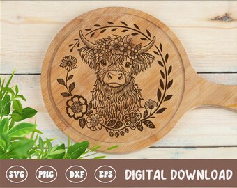 Highland Cow Board SVG, Cottagecore Cutting Board Digital File, Cutting Board Design, Wood Laser Engraving File For Kitchen Decor