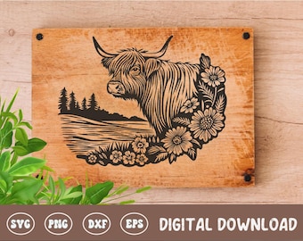 Highland Cow Board SVG, Cottagecore Cutting Board Digital File, Cutting Board Design, Wood Laser Engraving File For Kitchen Decor