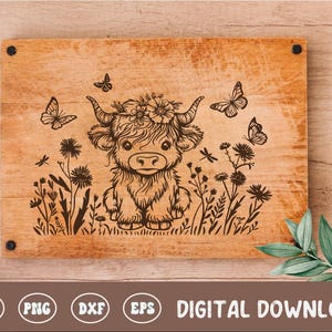Baby Highland Cow Board SVG, Cottagecore snijplank digitaal bestand, snijplank ontwerp, hout lasergravure bestand voor keukeninrichting