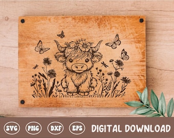 Baby Highland Cow Board SVG, Cottagecore Cutting Board Digital File, Cutting Board Design, Wood Laser Engraving File For Kitchen Decor