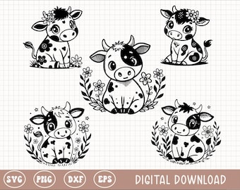 Paquete SVG de vaca lechera bebé, silueta de vaca de dibujos animados, vaca linda SVG, archivos de corte para recortar, sublimación, Cricut, silueta, uso comercial