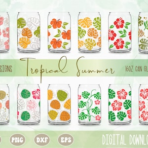 SVG PNG Tropical Palm Leaves and Hibiscus Bundle, Summer Hawaii Design Libbey Glass Can wrap 16oz, layered svg, sublimation png, commercial