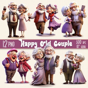 12 PNG lustige alte Paar Clipart, glücklich Cartoon Oma und Opa, romantische Liebe ältere Menschen, alte Dame und Mann, Großmutter Geschenk