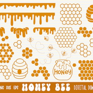 SVG PNG honingbij bundel, honingraat, druipende honing svg, vliegende bij, honingpot, bijenkorf, gelaagde svg, sublimatie png, cricut, silhouet