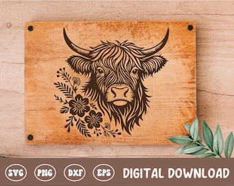 Highland Cow Board SVG, Cottagecore Cutting Board Digital File, Cutting Board Design, Wood Laser Engraving File For Kitchen Decor