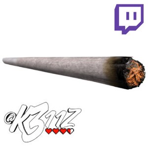 May include: A digitally rendered image of a lit, rolled cigarette, with a gray and white paper exterior and a glowing orange ember at the tip. A purple Twitch logo is in the upper right corner, and the text "@K311Z" is in the lower left corner.