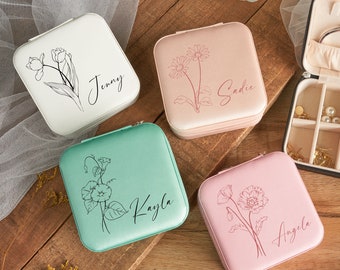 Personalized bridesmaid birth flower jewelry travel box, bridesmaid gifts, gift for her, mother's day gift, gift for bridal party