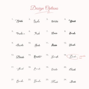 K&ouml;nnte beinhalten: Vierundzwanzig verschiedene Designoptionen f&uuml;r das Wort "Bride" in kursiver Schrift. Die Designs sind von 1 bis 24 nummeriert. Ein Design ist eingekreist und mit "beliebt jetzt" beschriftet.
