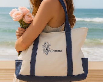 Personalized Canvas Tote Bag, Boat Tote Bag, Custom Canvas Tote with Name, Bridesmaid Gifts Bag, Embroidered with Initials,Bachelorette Gift