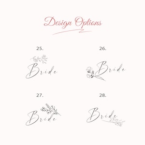 K&ouml;nnte beinhalten: Vier verschiedene Designoptionen f&uuml;r ein Hochzeitslogo mit dem Wort "Bride" in einer handschriftlichen Schriftart und verschiedenen Blumenarrangements.