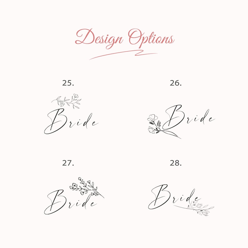 K&ouml;nnte beinhalten: Vier verschiedene Designoptionen f&uuml;r ein Hochzeitslogo mit dem Wort "Bride" in einer handschriftlichen Schriftart und verschiedenen Blumenarrangements.