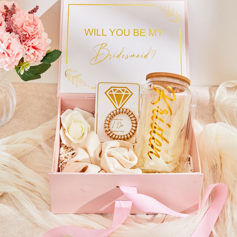 Gold will you be my bridesmaid proposal box set, personalized bridesmaid gift blush, matron of honor maid of honor bridesmaid glass tumbler image 1