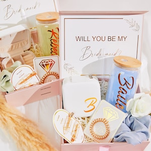 Gold will you be my maid of honor proposal box set, personalized bridesmaid gift blush, matron of honor bridesmaid glass tumbler