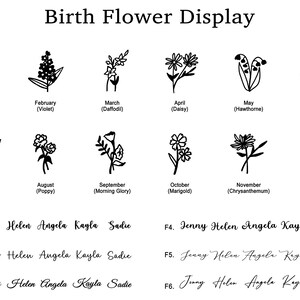 May include: A black and white graphic showing the birth flower for each month of the year. The flowers are illustrated in a simple, minimalist style. The names of the months and flowers are listed below each image. The text "Birth Flower Display" is at the top of the image. Below the flower images, there are six lines of text that read "F1. Jenny Helen Angela Kayla Sadie", "F2. Jenny Helen Angela Kayla Sadie", "F3. Jenny Helen Angela Kayla Sadie", "F4. Jenny Helen Angela Kayla Sadie", "F5. Jenny Helen Angela Kayla Sadie", and "F6. Jenny Helen Angela Kayla Sadie".