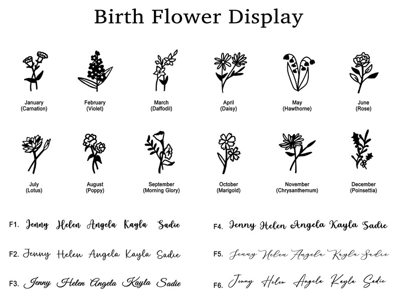 May include: A black and white graphic showing the birth flower for each month of the year. The flowers are illustrated in a simple, minimalist style. The names of the months and flowers are listed below each image. The text "Birth Flower Display" is at the top of the image. Below the flower images, there are six lines of text that read "F1. Jenny Helen Angela Kayla Sadie", "F2. Jenny Helen Angela Kayla Sadie", "F3. Jenny Helen Angela Kayla Sadie", "F4. Jenny Helen Angela Kayla Sadie", "F5. Jenny Helen Angela Kayla Sadie", and "F6. Jenny Helen Angela Kayla Sadie".