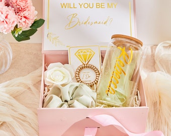 Gold will you be my bridesmaid proposal box set, personalized bridesmaid gift blush, matron of honor maid of honor bridesmaid glass tumbler