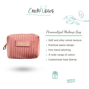 May include: A pink quilted makeup bag with a gold zipper and a personalised gold heat-stamped name "Angela" with a small flower design.