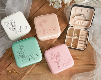 Personalized bridesmaid birth flower jewelry travel box, bridesmaid gifts, gift for her, mother&#39;s day gift, gift for bridal party