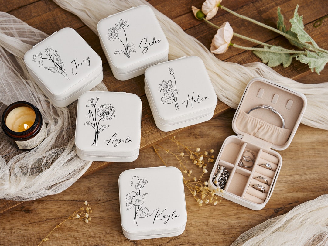Personalized Travel Jewelry Box With Birth Flower & Name – Custom Bridesmaid Gift, Wedding, Birthday For Her
