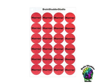 Red Horror VHS Movie Labels | Round VHS Movie Label Stickers | Retro Movie Categorization Labels
