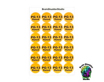 PG13-rated VHS Movie Labels | Round VHS Movie Label Stickers | Retro Movie Categorization Labels