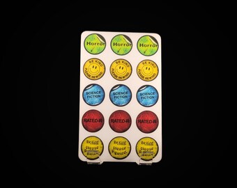 Retro VHS Label Sticker Sheet | Green Horror, Sci-Fi, Be Kind Please Rewind, Rated-R | Gifts for Movie Collectors