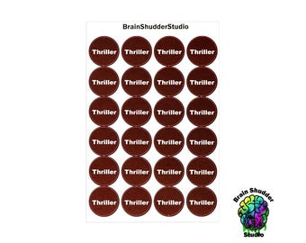 Thriller VHS Movie Labels | Round VHS Movie Label Stickers | Retro Movie Categorization Labels
