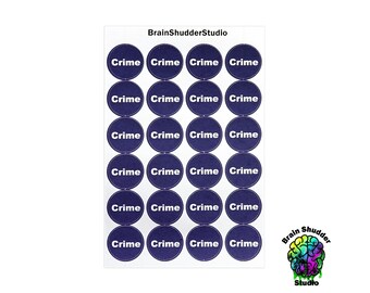 Crime VHS Movie Labels | Round VHS Movie Label Stickers | Retro Movie Categorization Labels