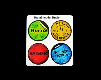 Retro VHS Label Mini Sticker Sheet | Green Horror, Sci-Fi, Be Kind Please Rewind, Rated-R | Gifts for Movie Collectors