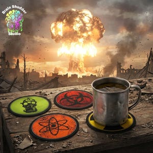 Nuclear Fallout Drink Coasters | Gas Mask, Biohazard, Nuclear, Atom, Radiation