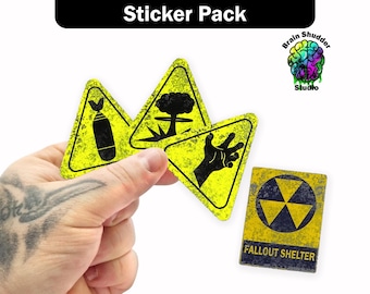 Fallout Sticker Pack | Fallout Shelter Sign, Zombie Hand Warning Sign, Mushroom Cloud, Bomb Caution Sign