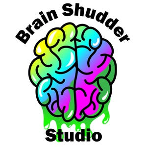 May include: A colorful brain illustration with the text "Brain Shudder Studio." The brain is divided into two halves, one in shades of yellow and green, the other in purple and pink. Green slime drips from the bottom.