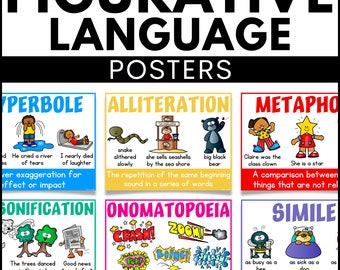 May include: Colorful posters with illustrations and text explaining different types of figurative language, including hyperbole, alliteration, metaphor, personification, onomatopoeia, and simile.
