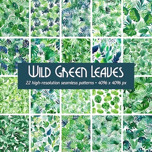 May include: A collection of 22 high-resolution seamless patterns featuring watercolour illustrations of wild green leaves. Each pattern is 4096 x 4096 pixels.