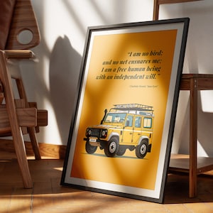 Ilustraciones inspiradoras de Land Rover Defender con cita de Jane Eyre, póster imprimible, 300 DPI, formato DIN A2, descarga digital instantánea