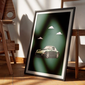 Ilustración de Porsche 911 verde esmeralda, póster imprimible, colores llamativos, 300 DPI, formato DIN A2, descarga digital instantánea