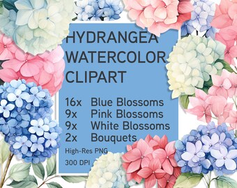 Watercolor Hydrangea Clipart Set – Blue, Pink & White Floral Designs (Digital Download)