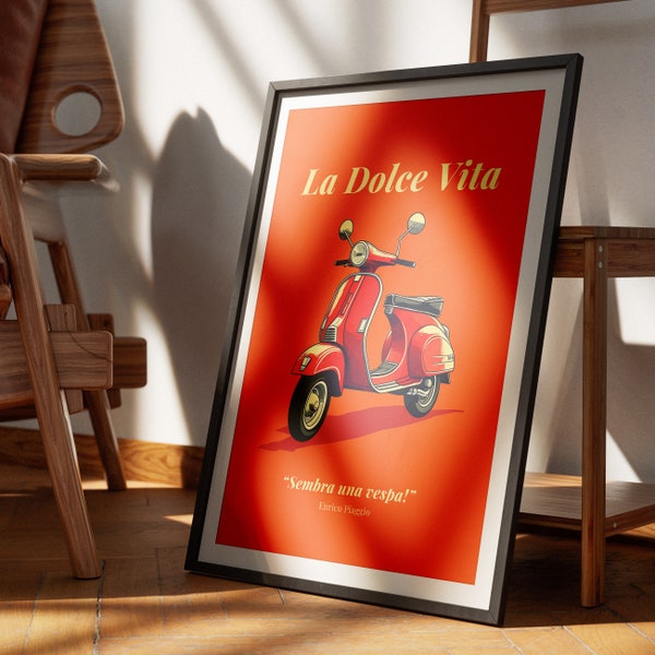 Illustration de scooter Vespa rouge vif avec des citations emblématiques, affiche imprimable, couleurs vives, 300 DPI, format DIN A2, téléchargement numérique instantané