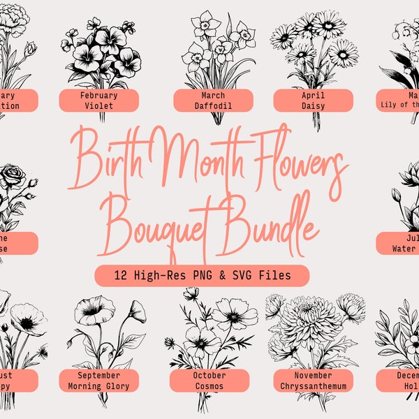 Geburt Monat Blumen Line Art Set, handgemachte Nelke zu Holly, hochauflösende 300 DPI PNG & SVG, 12 einzigartige Designs, digitaler Download